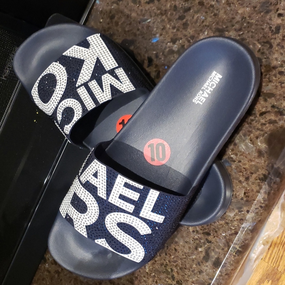 New Michael Kors slide Navy blue with white  with sparkling  Logo - Picture 3 of 8